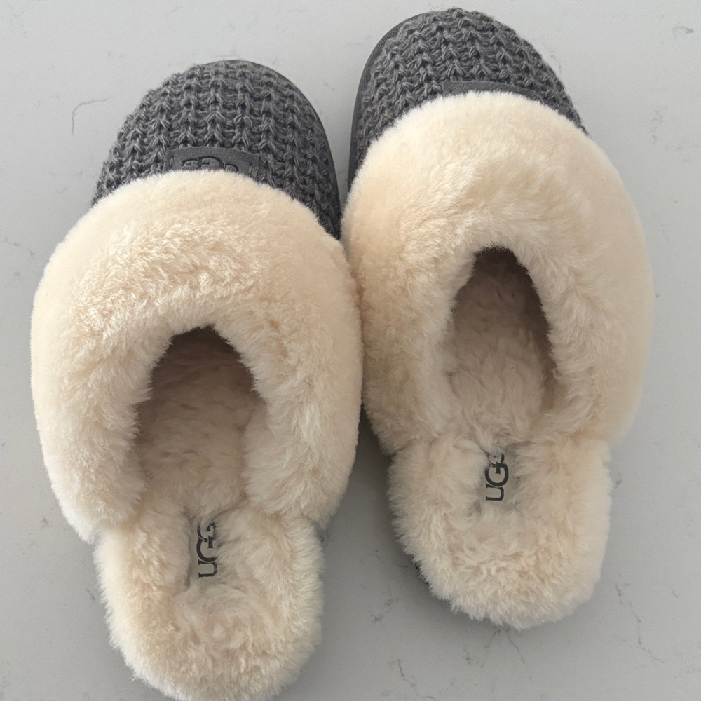 UGG Charcoal and Cream Knit “Cozey” Slippers